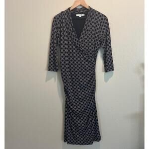Boden Dress Womens 8L Blue White Wrap Midi 3/4 Sleeve Ruched‎ Flattering Fit